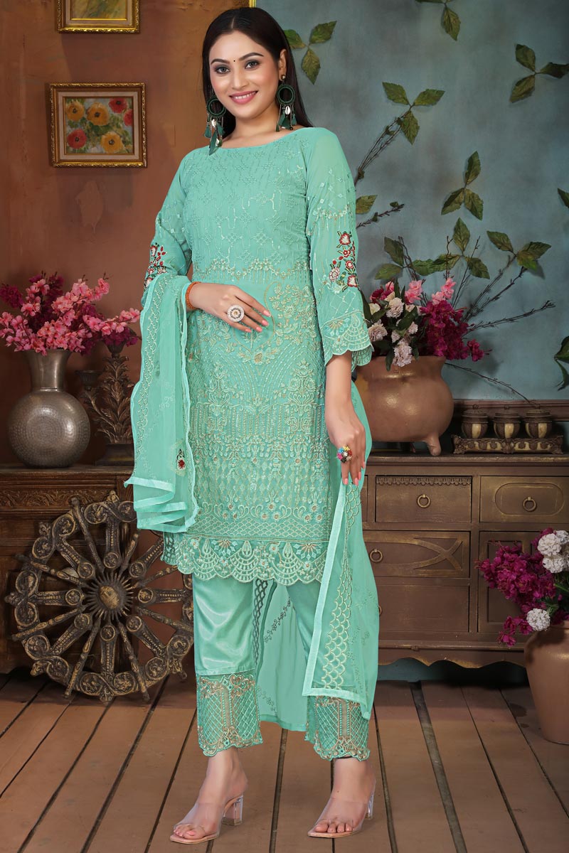 Sea Green Color Georgette Fabric Charming Festival Wear Salwar Suit With Embroidered Work