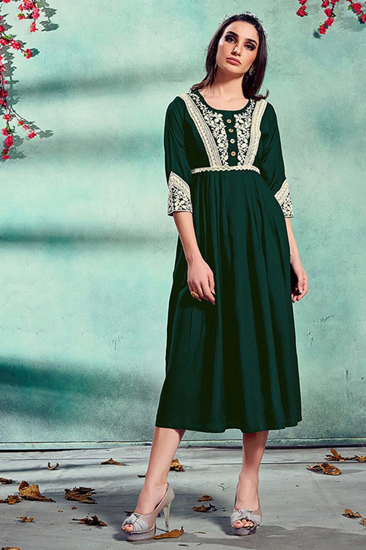 Rayon Fabric Festive Wear Fancy Dark Green Color Embroidered Kurti