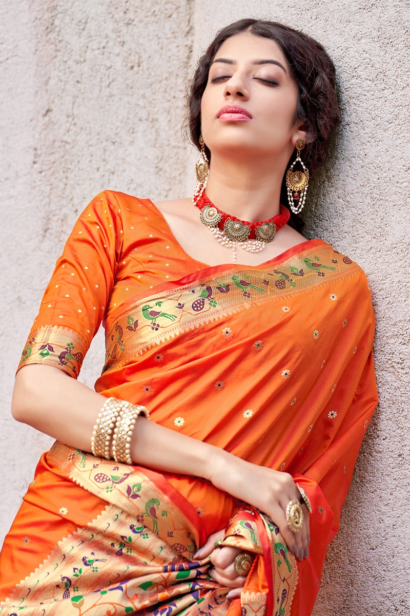 Sangeet Wear Art Silk Fabric Weaving Work Orange Color Designer Saree