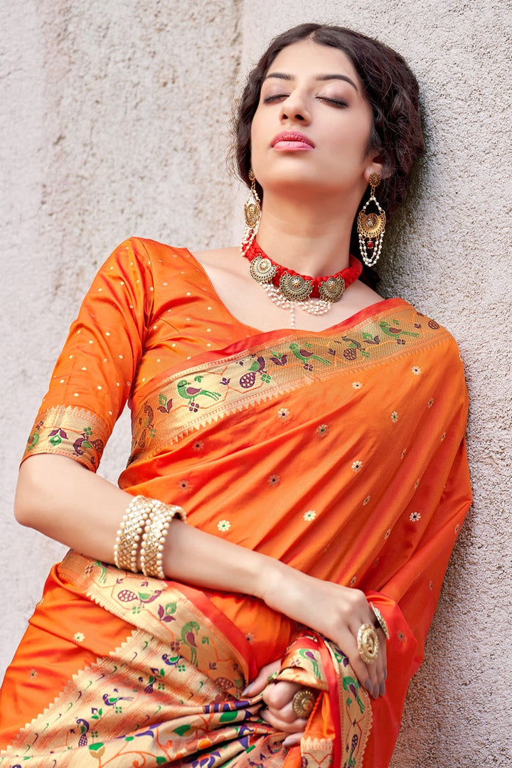 Sangeet Wear Art Silk Fabric Weaving Work Orange Color Designer Saree