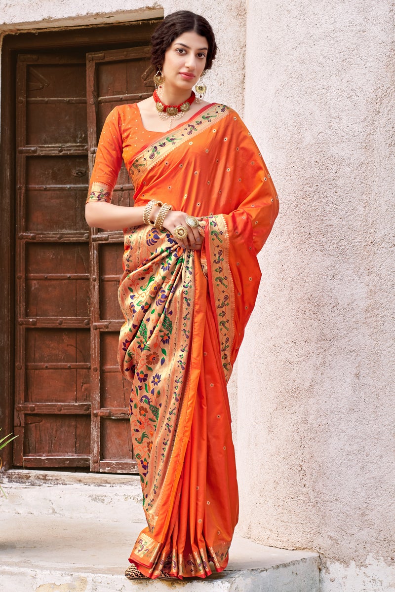Sangeet Wear Art Silk Fabric Weaving Work Orange Color Designer Saree