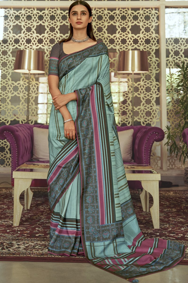 Art Silk Fabric Casual Wear Cyan Color Printed Saree