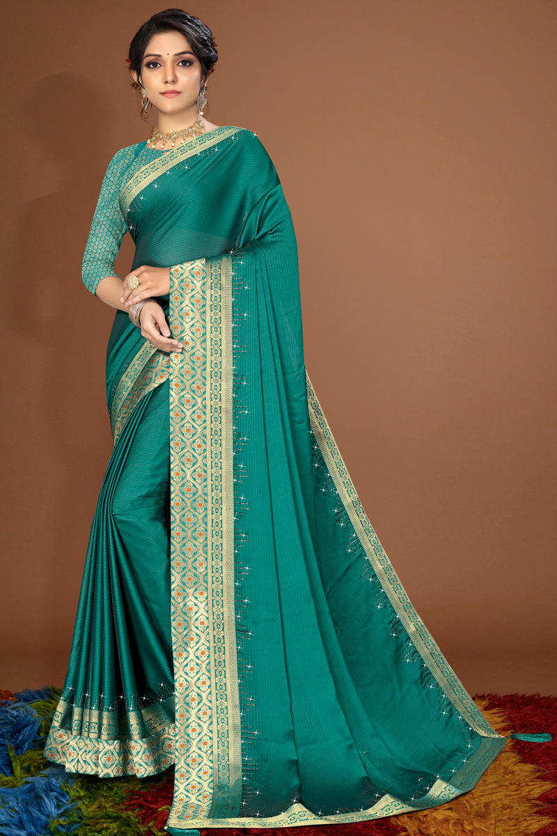 Glittering Satin Saree in Sea Green Color With Heavy Border Work