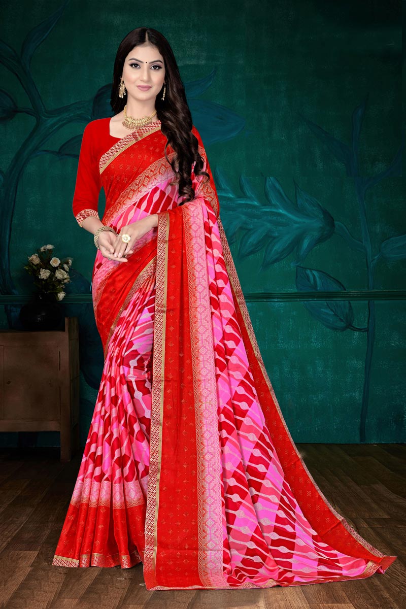 Regular Wear Chiffon Fabric Chic Printed Saree In Pink Color
