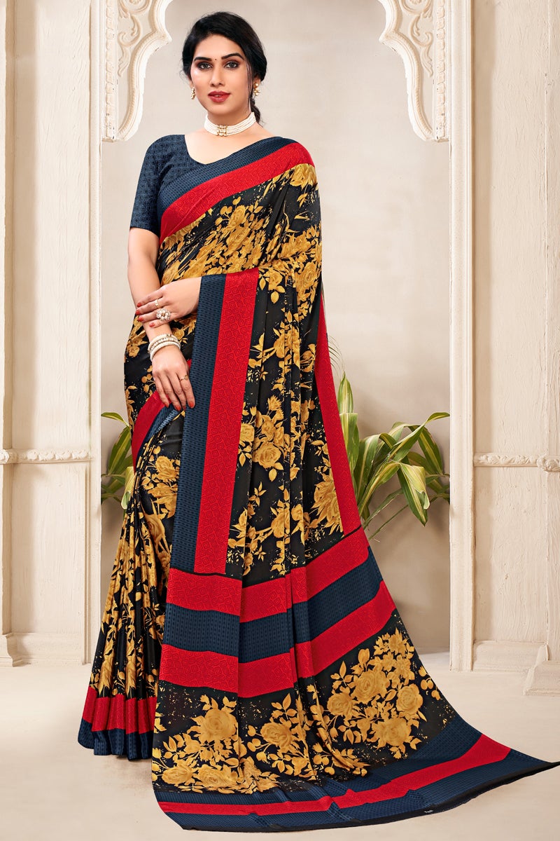 Navy Blue Color Crepe Silk Fabric Casual Printed Saree