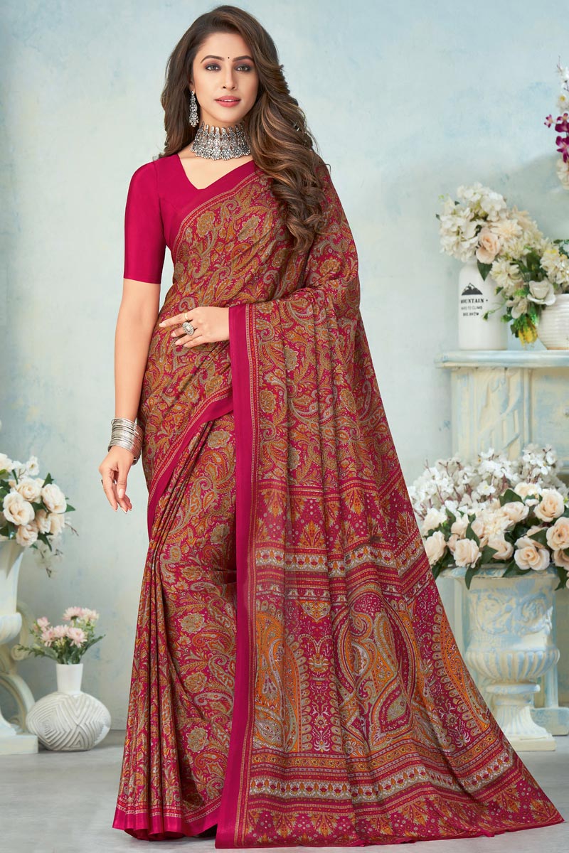 Fascinate Crepe Silk Fabric Casual Wear Printed Uniform Saree In Burgundy Color