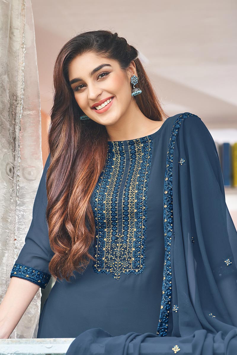 Festive Wear Navy Blue Color Embroidered Georgette Fabric Salwar Suit