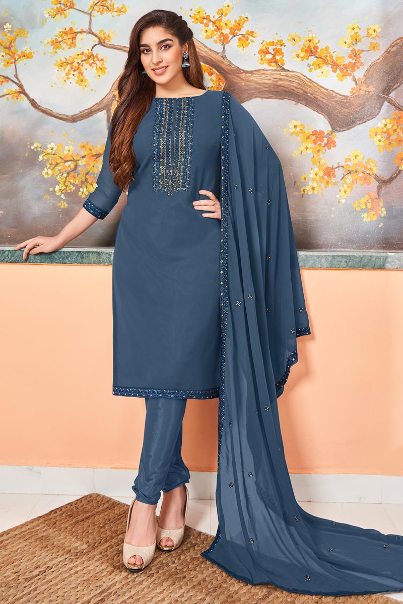 Festive Wear Navy Blue Color Embroidered Georgette Fabric Salwar Suit