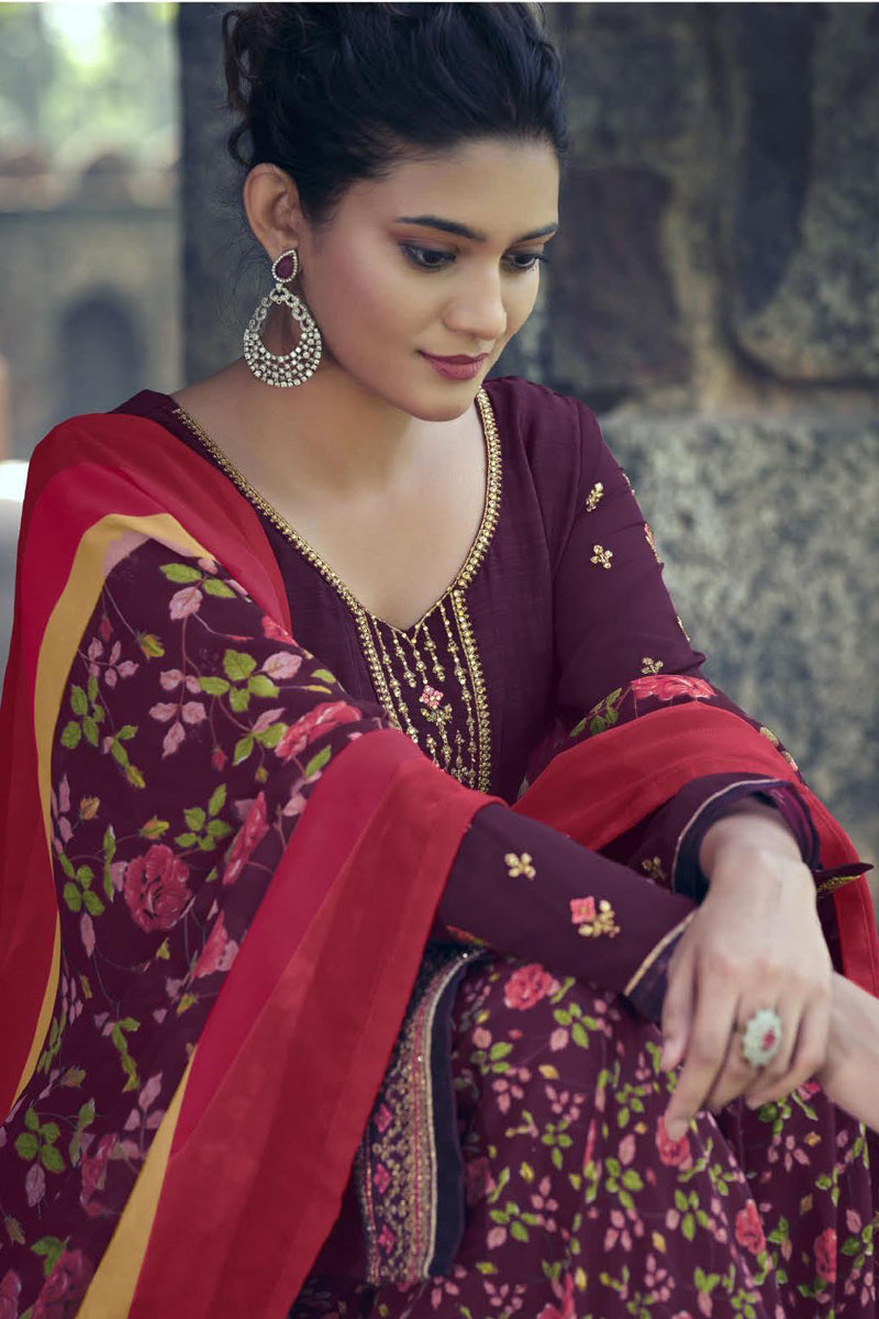 Printed Purple Color Casual Crepe Fabric Patiala Suit