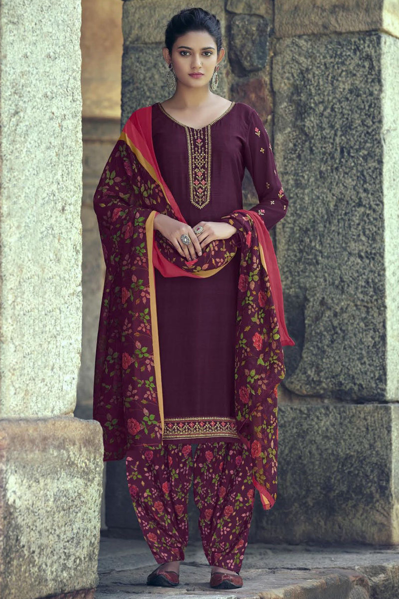 Printed Purple Color Casual Crepe Fabric Patiala Suit