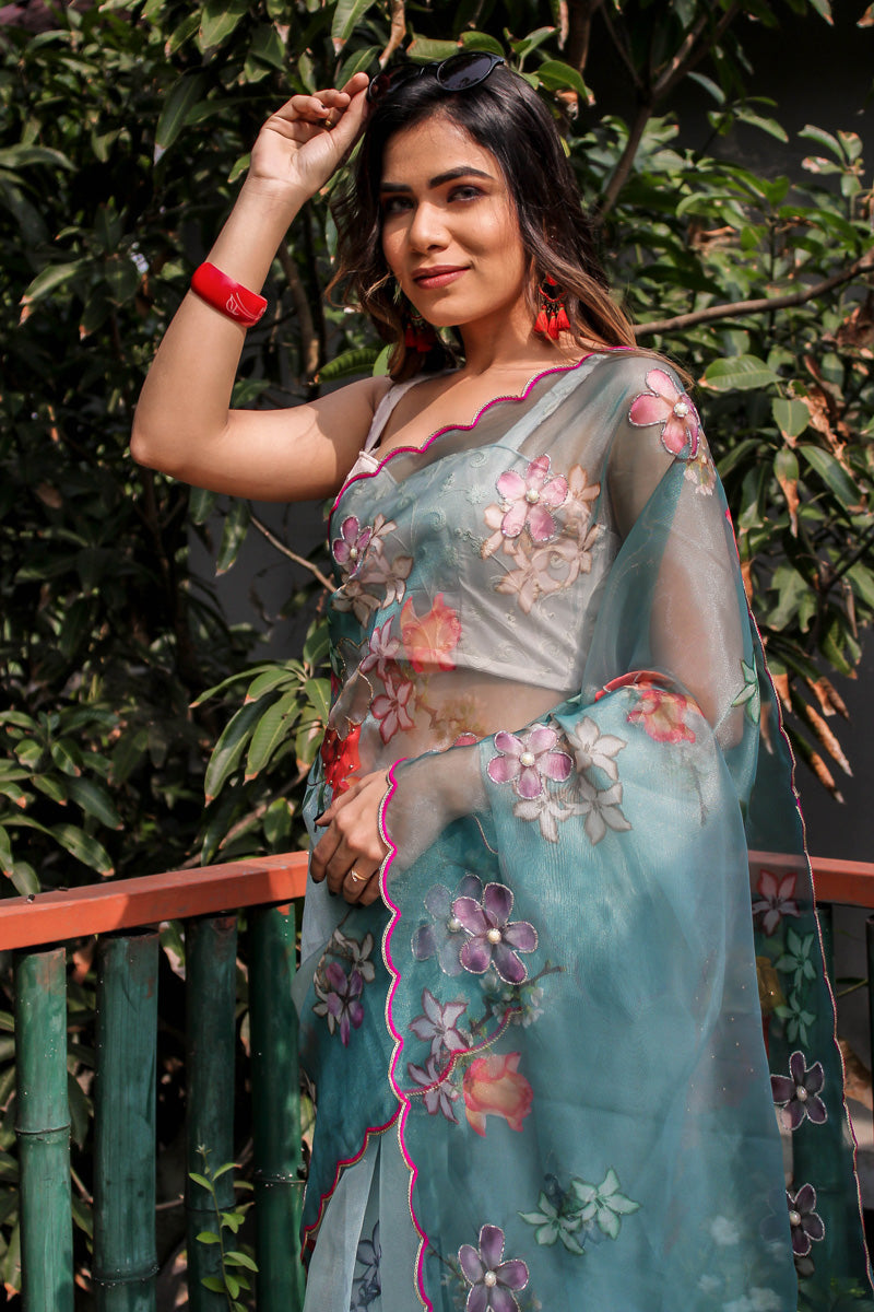 Organza Fabric Party Look Teal Color Digital Printed Phenomenal Saree