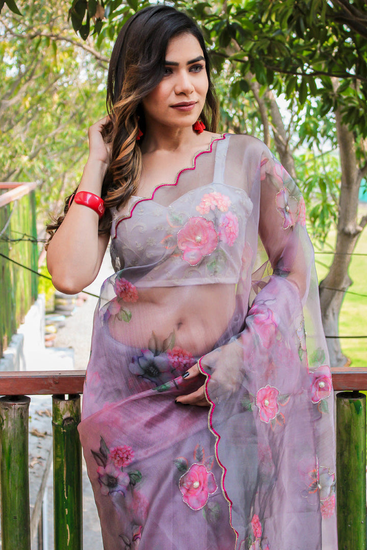 Organza Fabric Party Look Digital Printed Luxurious Saree In Grey Color