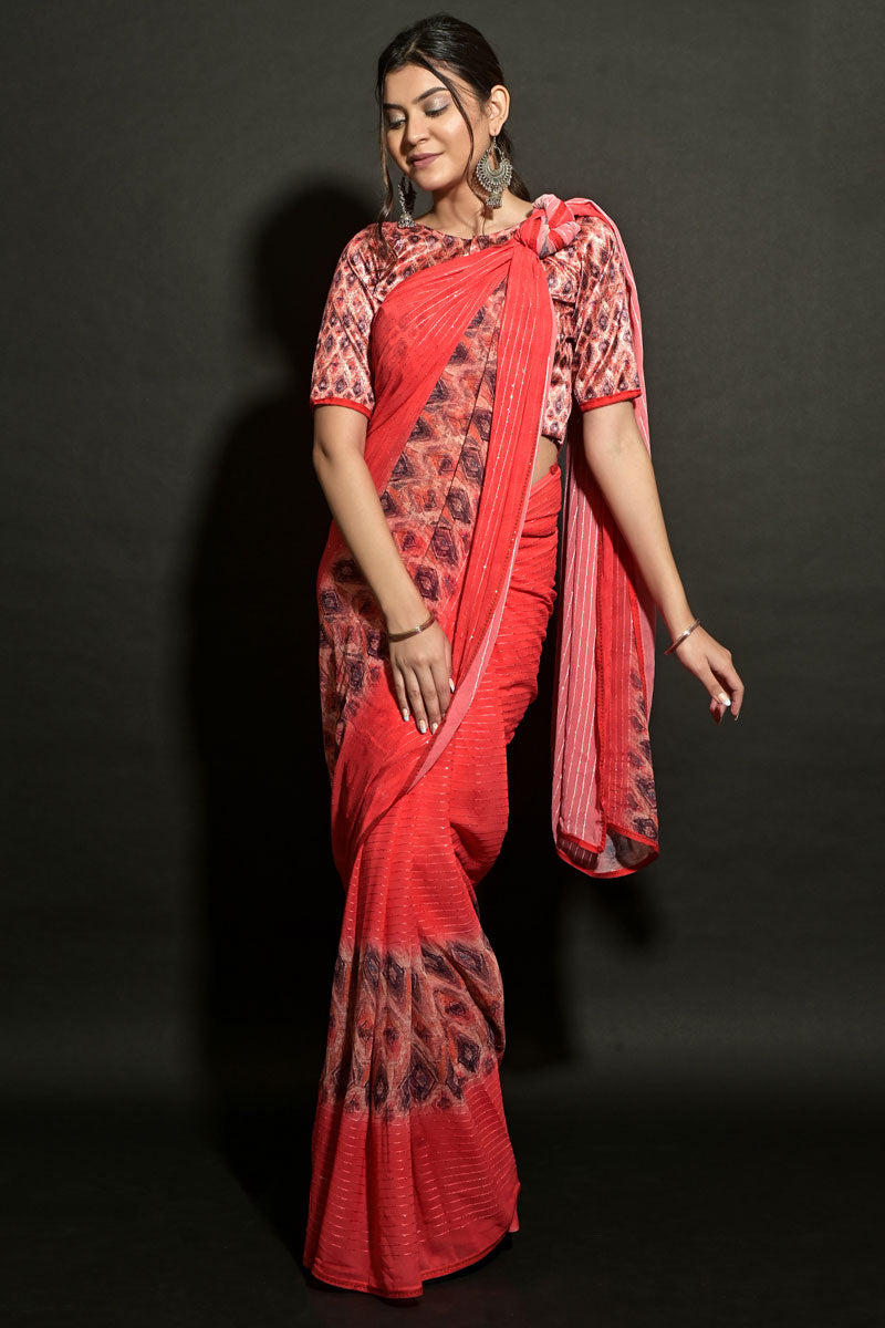 Function Wear Red Color Dazzling Printed Saree In Georgette Fabric