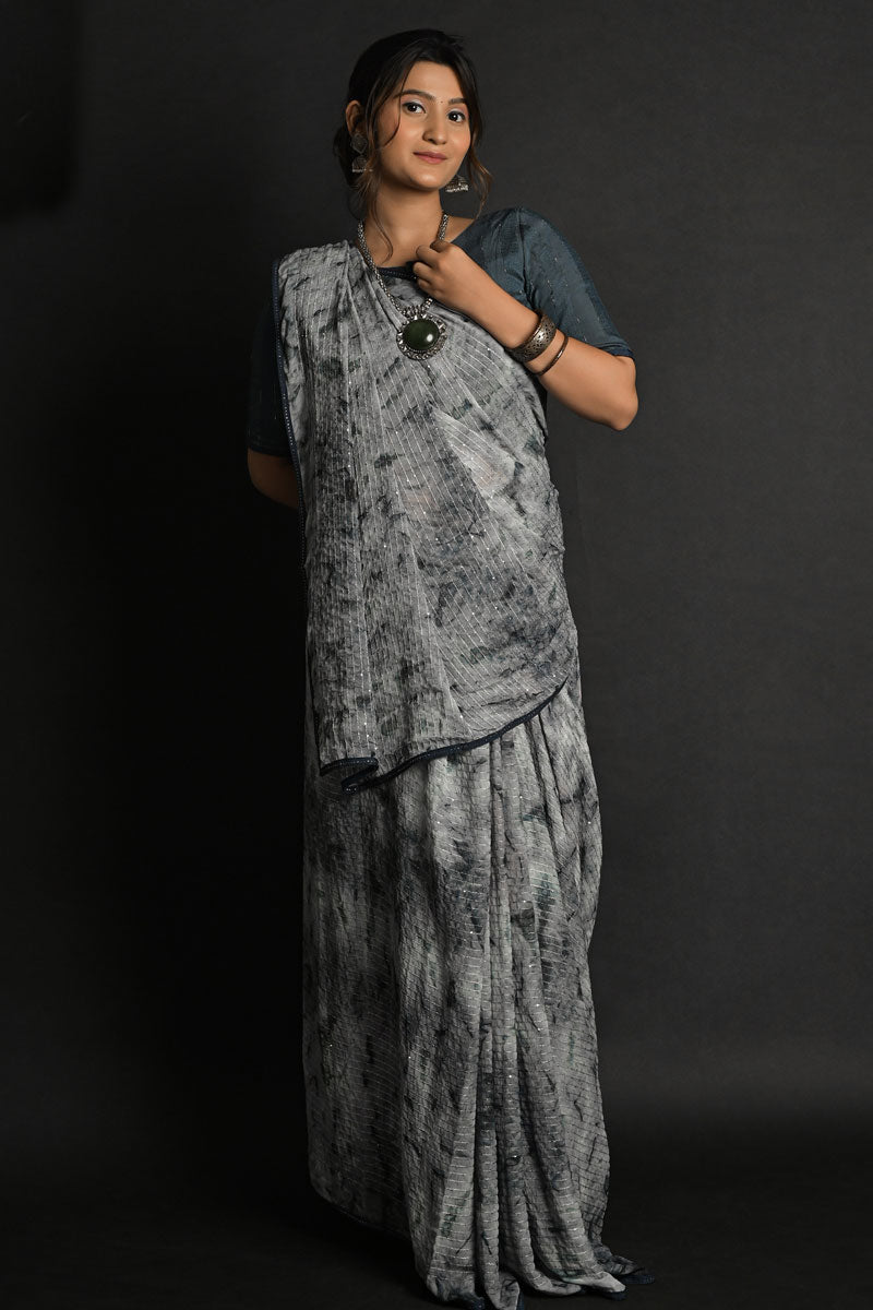 Sequins Work On Grey Color Festival Wear Solid Saree In Fancy Fabric