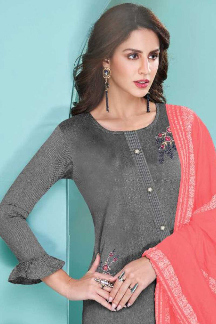 Cotton Fabric Lovely Grey Color Salwar Suit With Pink Dupatta
