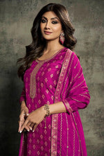 Load image into Gallery viewer, Shilpa Shetty Embroidered Jacquard Fabric Magenta Color Designer Straight Cut Long Salwar Suit
