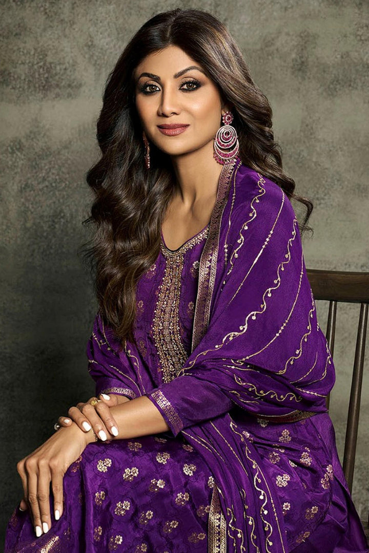 Shilpa Shetty Purple Color Embroidered Designer Straight Cut Long Salwar Suit