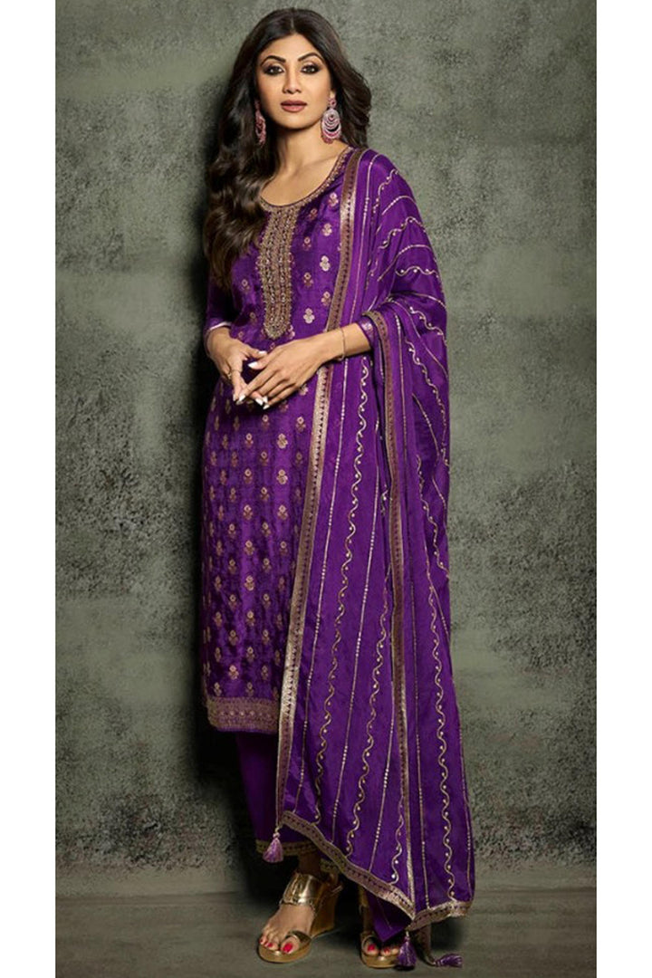 Shilpa Shetty Purple Color Embroidered Designer Straight Cut Long Salwar Suit