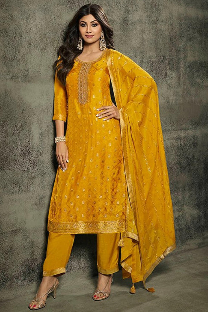 Shilpa Shetty Yellow Color Embroidered Designer Straight Cut Long Salwar Suit