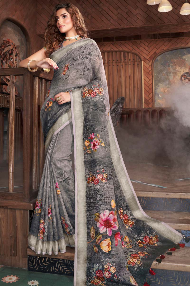 Linen Fabric Grey Color Festival Wear Fantastic Saree With Digital Printed Work