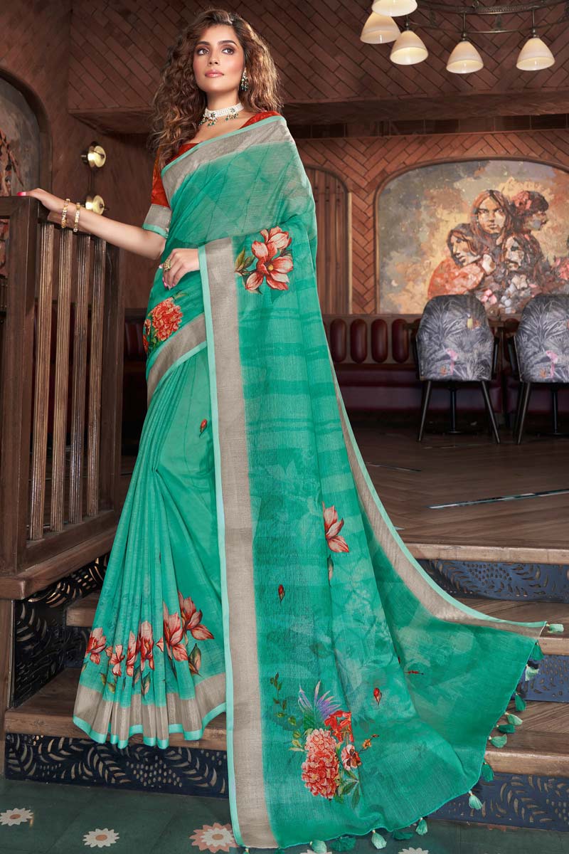 Festive Wear Linen Fabric Sea Green Color Excellent Saree With Digital Printed Work
