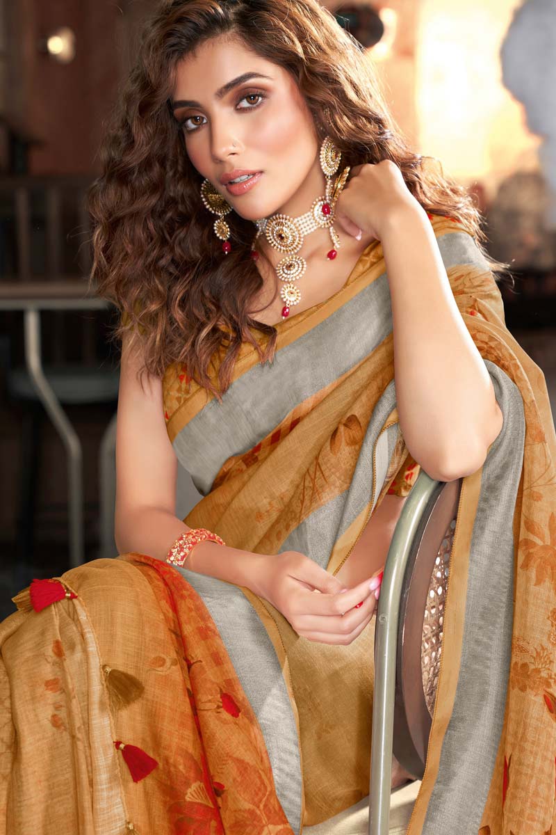 Chikoo Color Digital Printed Work Linen Fabric Splendid Saree In Festival Wear