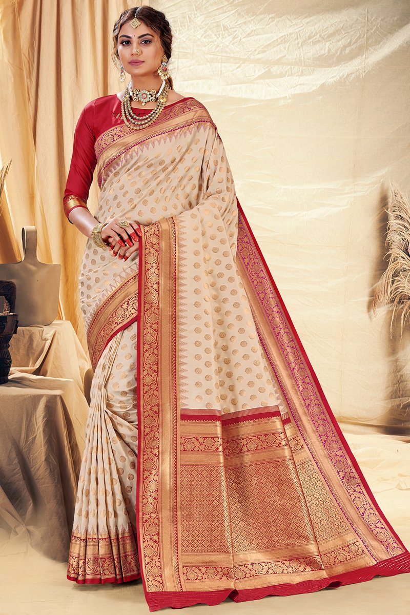 Party Wear Banarasi Silk Fabric Weaving Work Saree In Beige Color