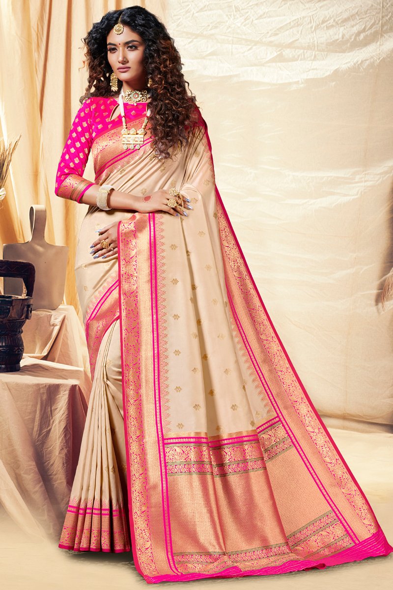Banarasi Silk Fabric Beige Color Weaving Work Festive Wear Trendy Saree