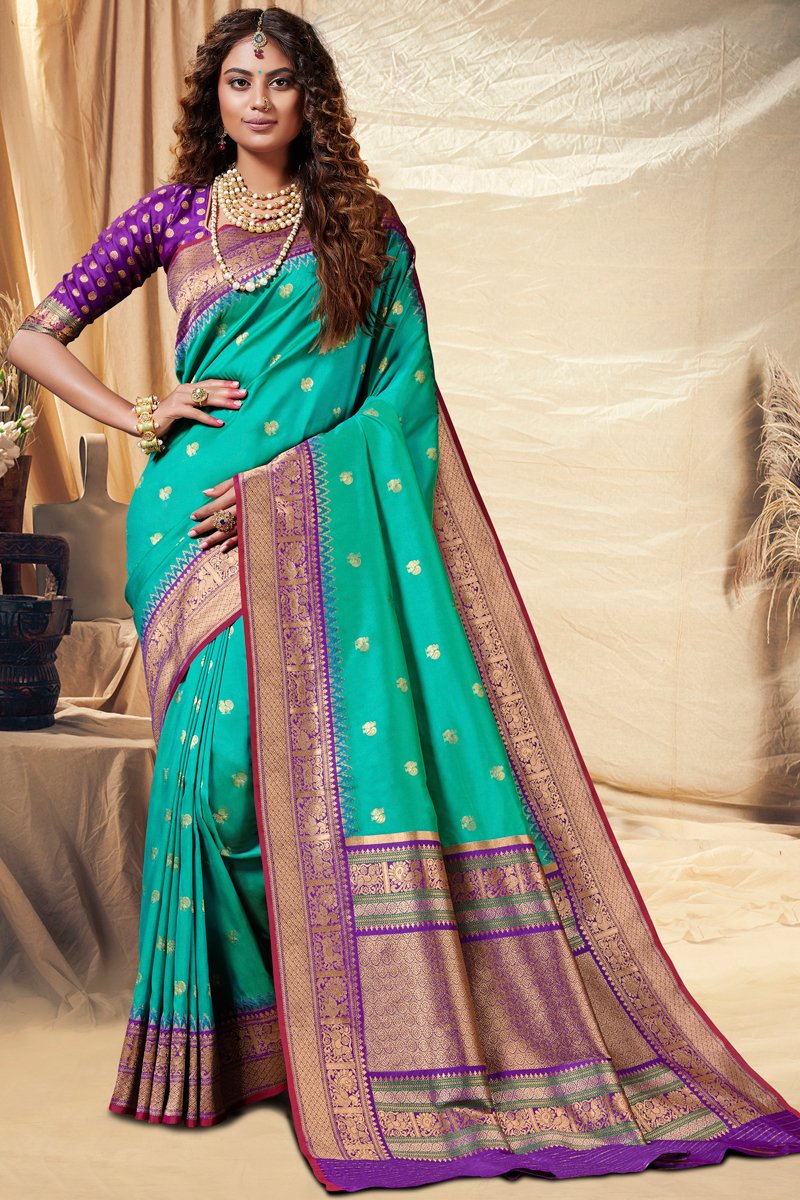 Banarasi Silk Fabric Puja Wear Cyan Color Weaving Work Saree