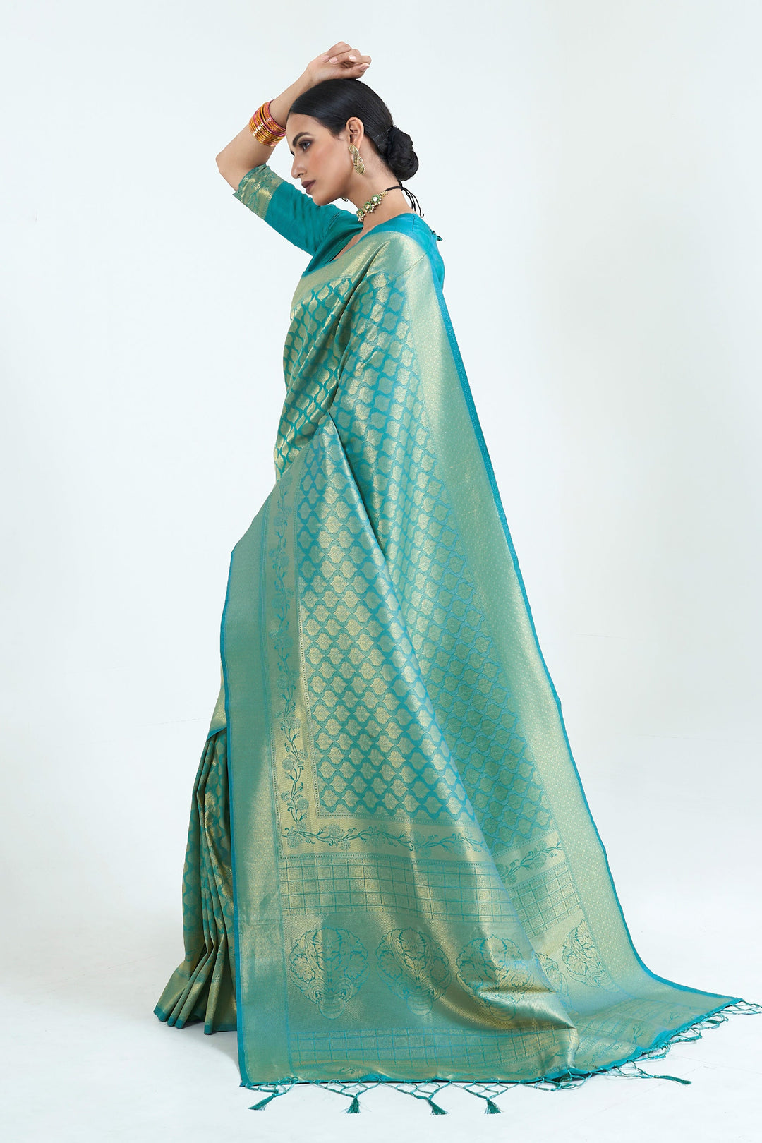 Cyan Color Creative Pure Weaving Silk Saree With Handloom Pallu