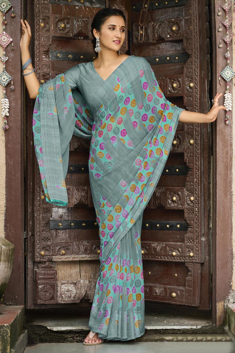 Appealing Grey Color Georgette Fabric Printed Saree