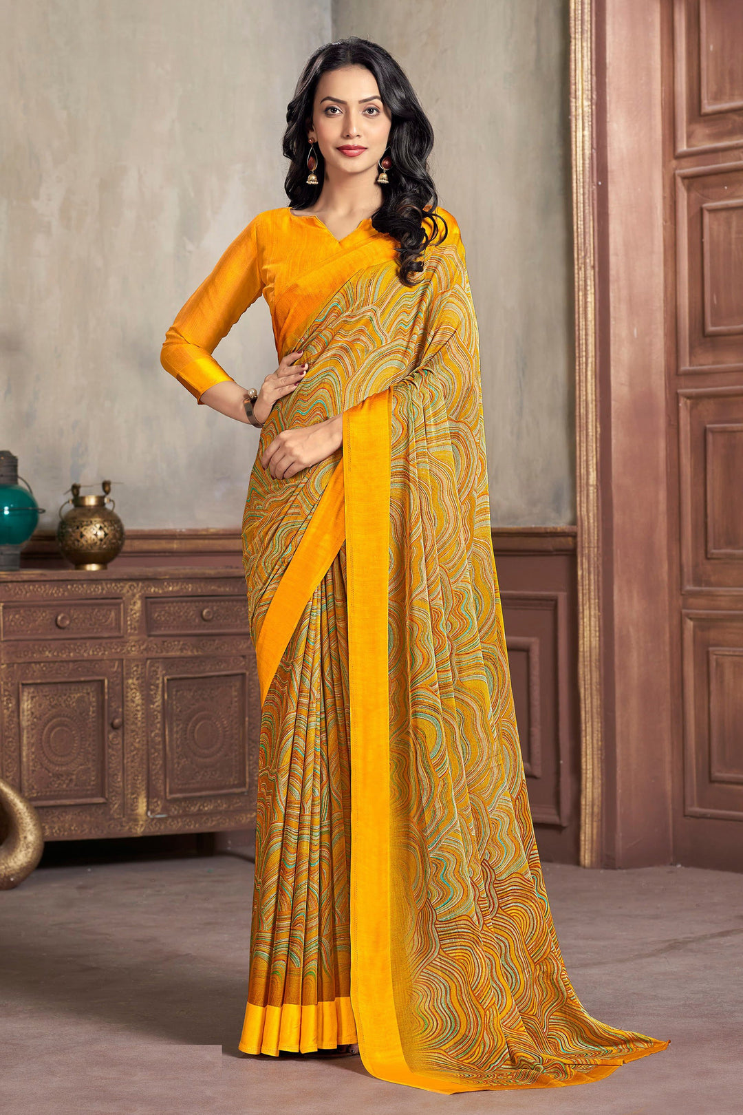 Yellow Color Abstract Print Casual Chiffon Saree