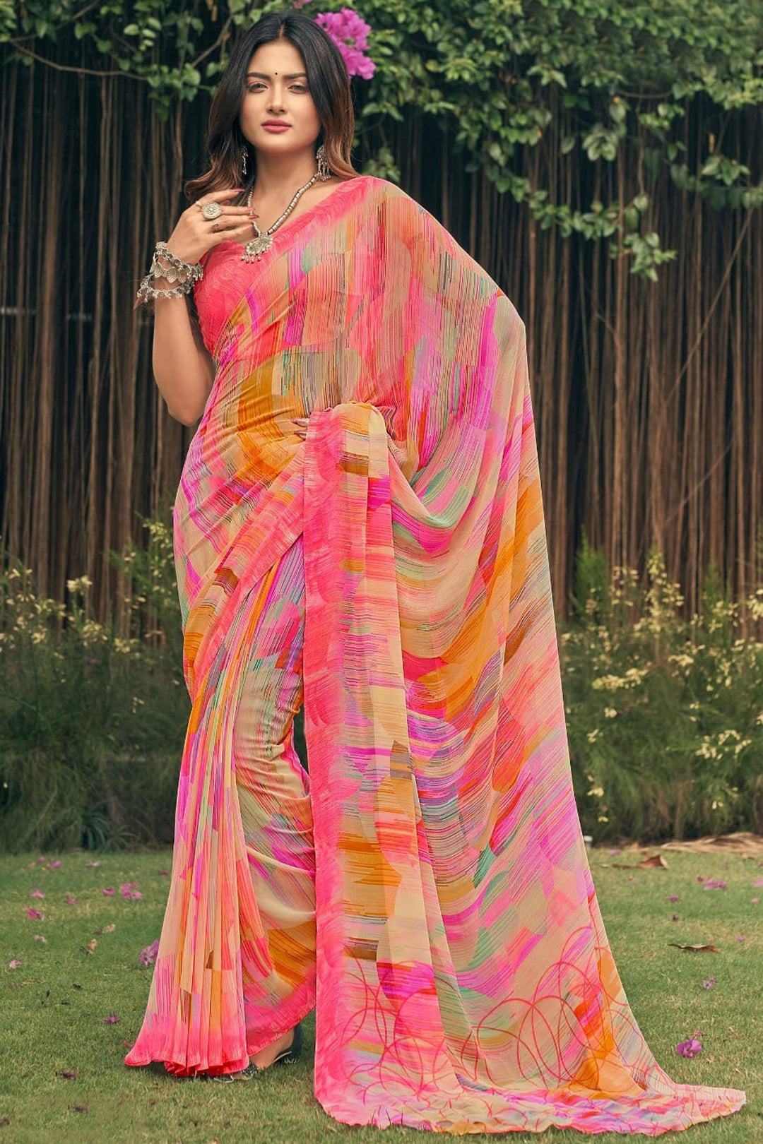 Blazing Multi Color Georgette Printed Saree