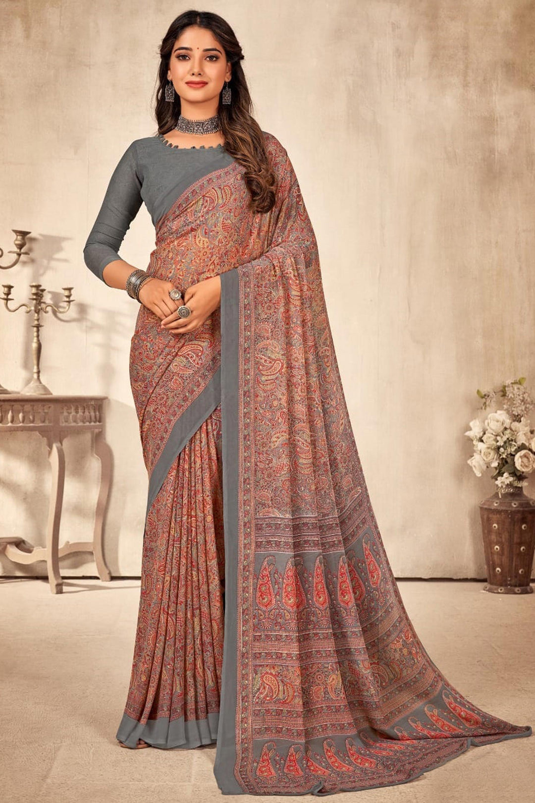 Printed Alluring Brown Color Georgette Saree