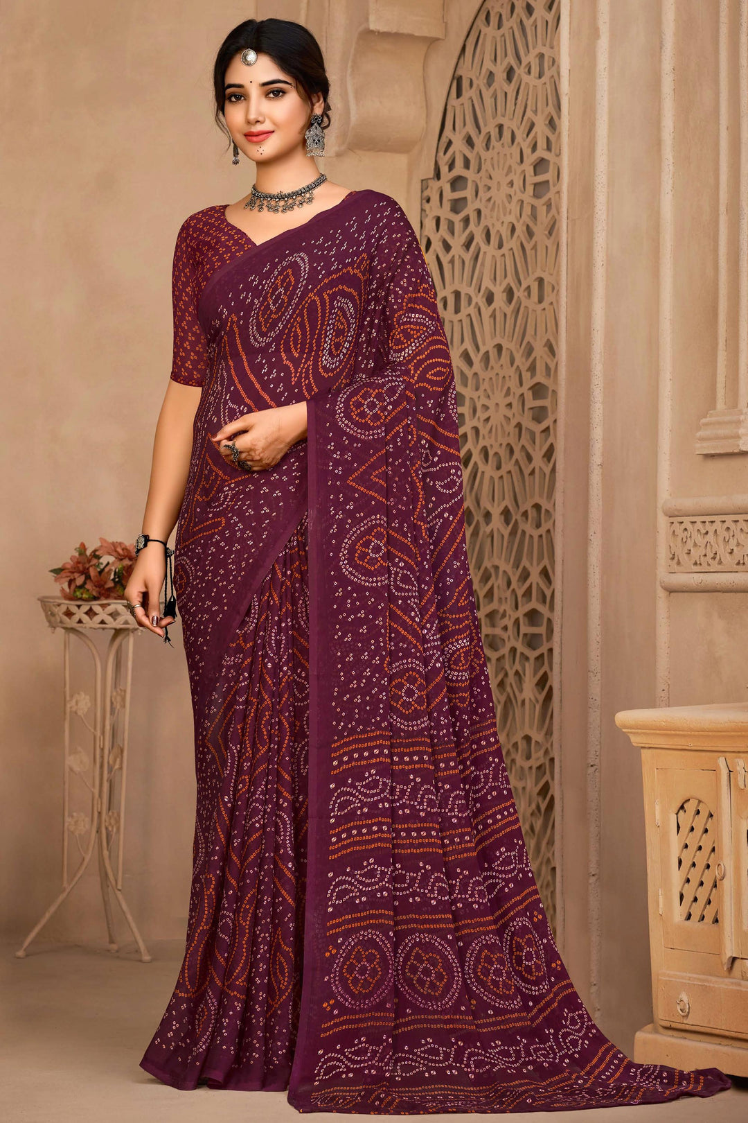 Casual Classic Wine Color Bandhej Print Saree In Chiffon Fabric