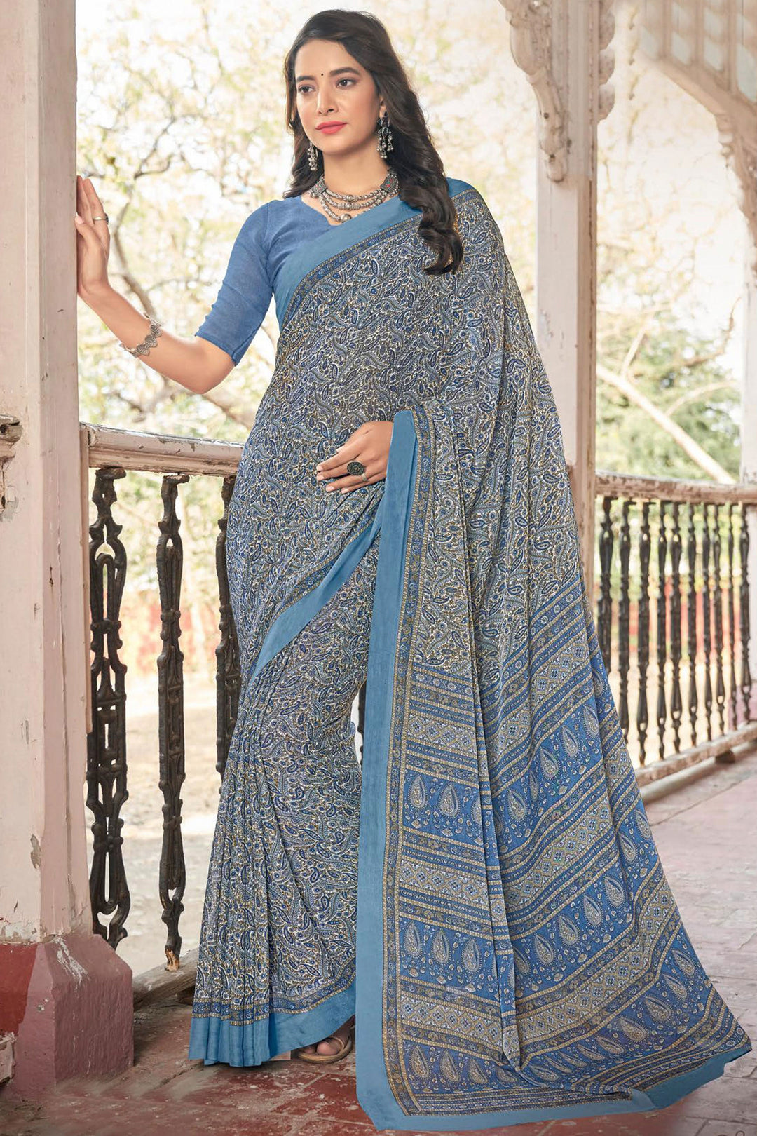Blue Color Chiffon Fabric Daily Wear Printed Saree