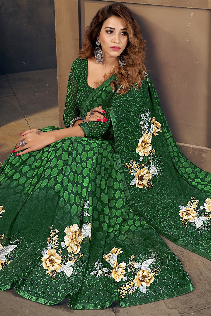 Georgette Daily Wear Printed Saree In Green Color