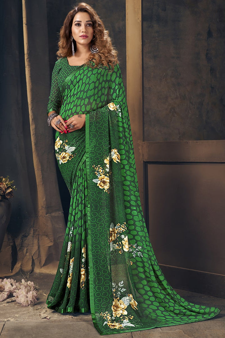 Georgette Daily Wear Printed Saree In Green Color