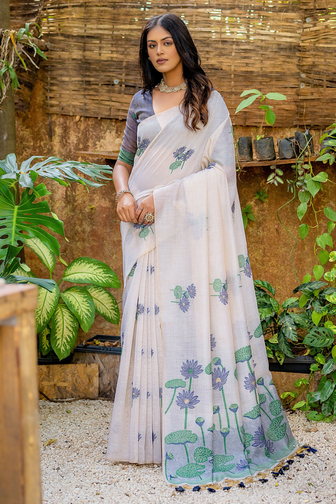 Attractive Off White Weaving Work Muga Cotton Fabric Saree