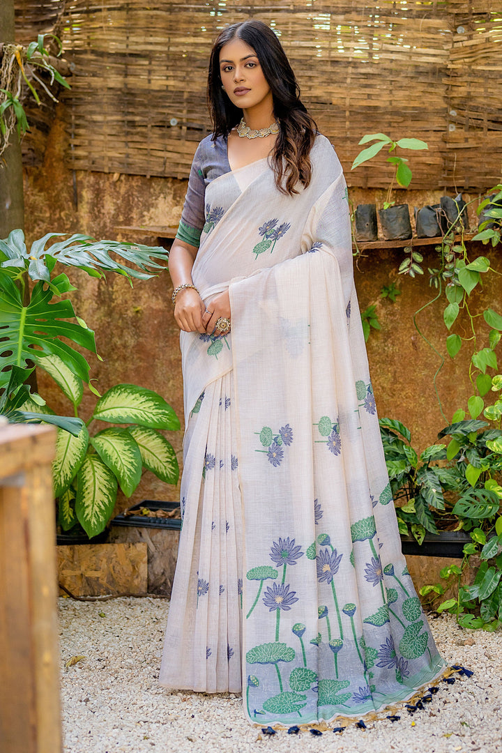 Attractive Off White Weaving Work Muga Cotton Fabric Saree