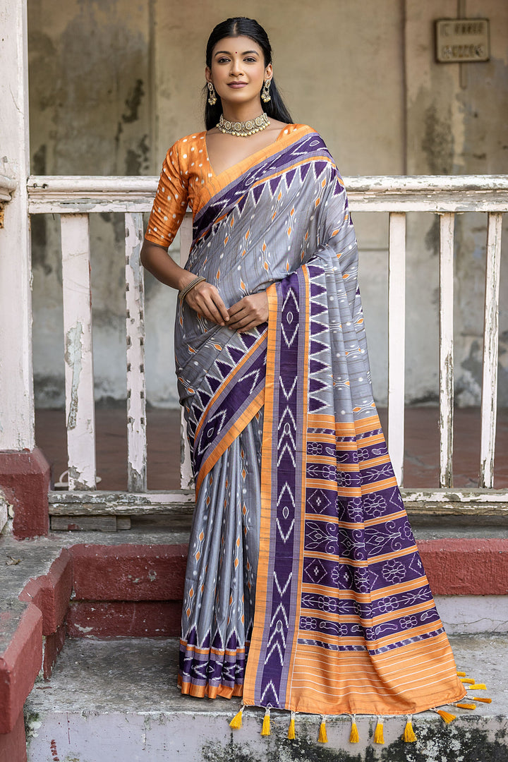 Grey Color Printed Casual Look Cotton Silk Fabric Saree