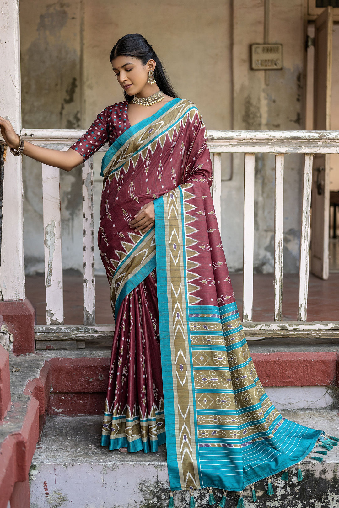 Cotton Silk Fabric Maroon Color Printed Saree In Casual Wear
