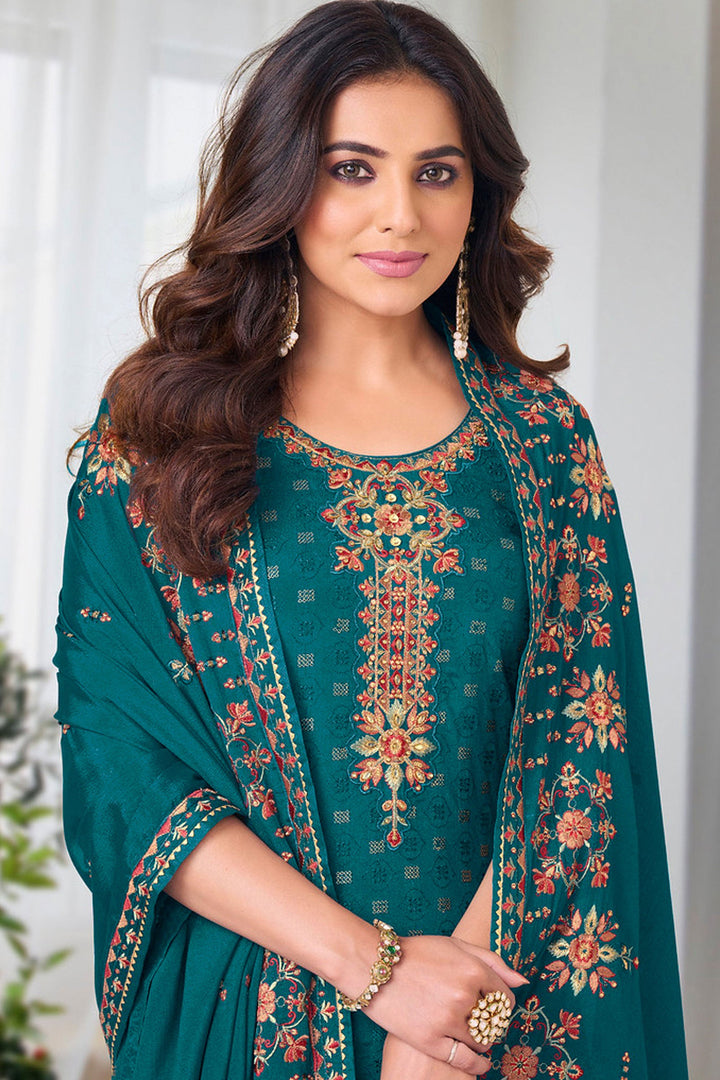 Ginni Kapoor Embroidered Teal Color Salwar Kameez In Georgette Chiffon Fabric