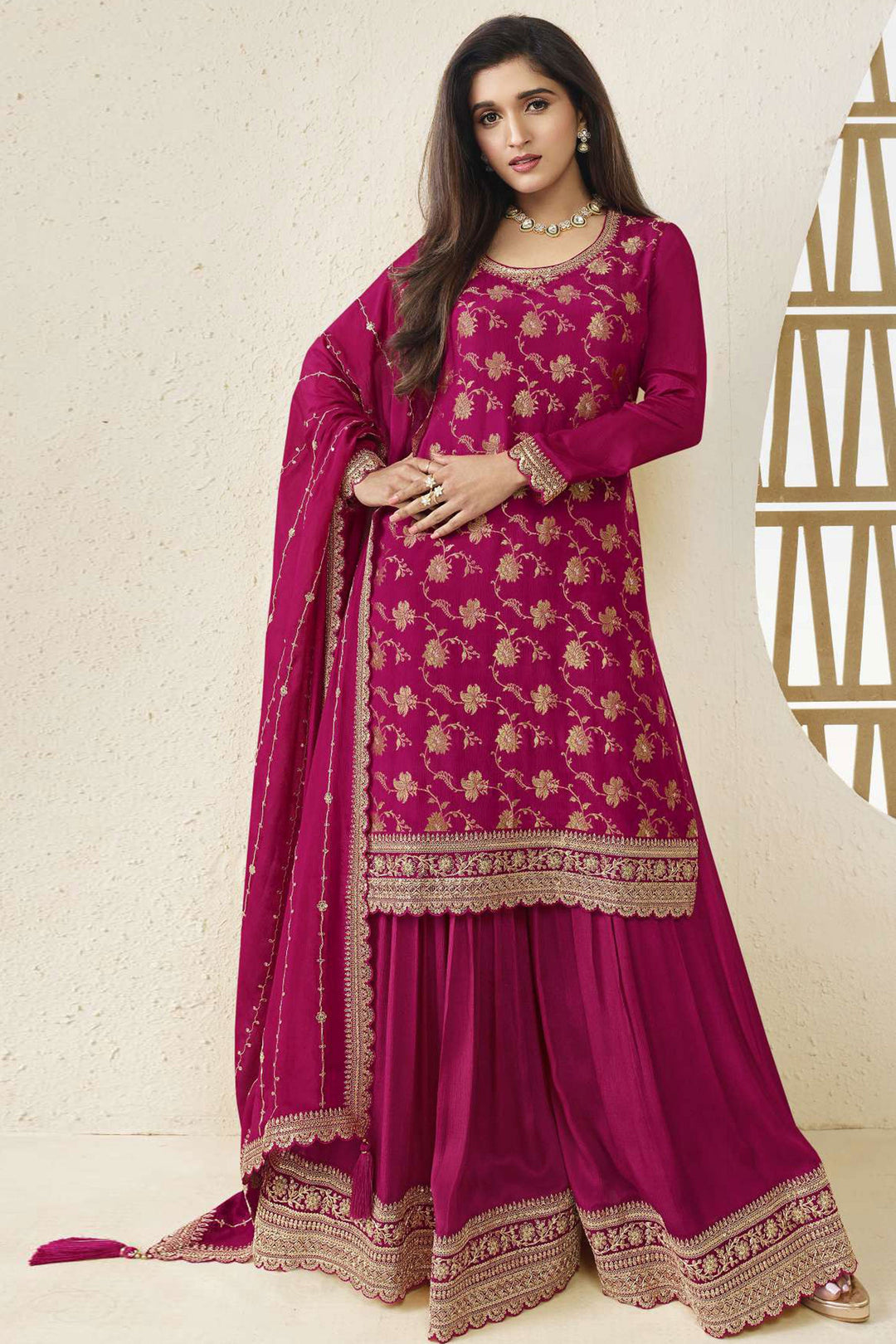 Nidhi Shah Chinon Jacquard Fabric Fancy Embroidered Palazzo Salwar Kameez In Magenta Color
