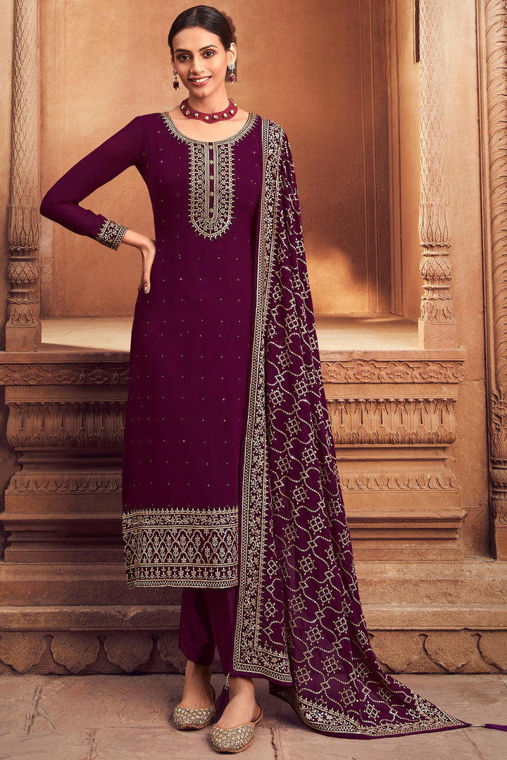 Function Wear Wine Color Embroidered Palazzo Suit In Georgette Fabric
