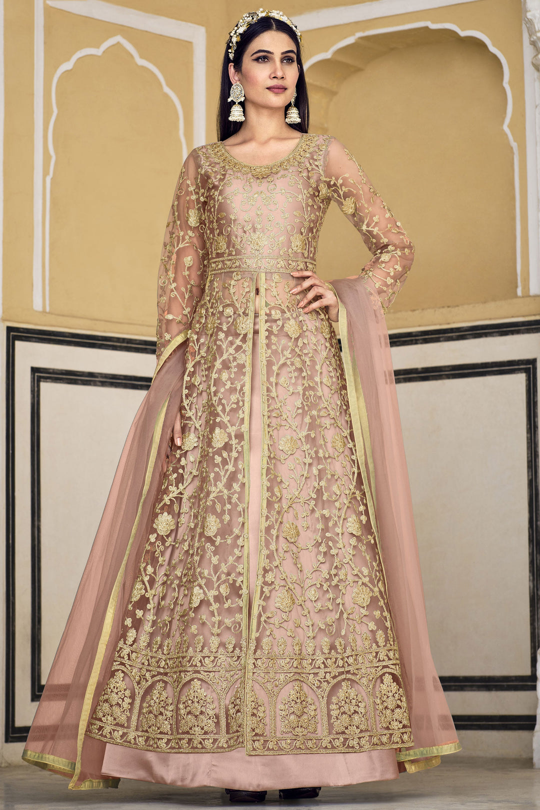 Peach Color Net Fabric 3 Piece Sharara Top Lehenga