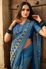 Load image into Gallery viewer, Asmita Sood Blue Color Engrossing Saree In Georgette Fabric

