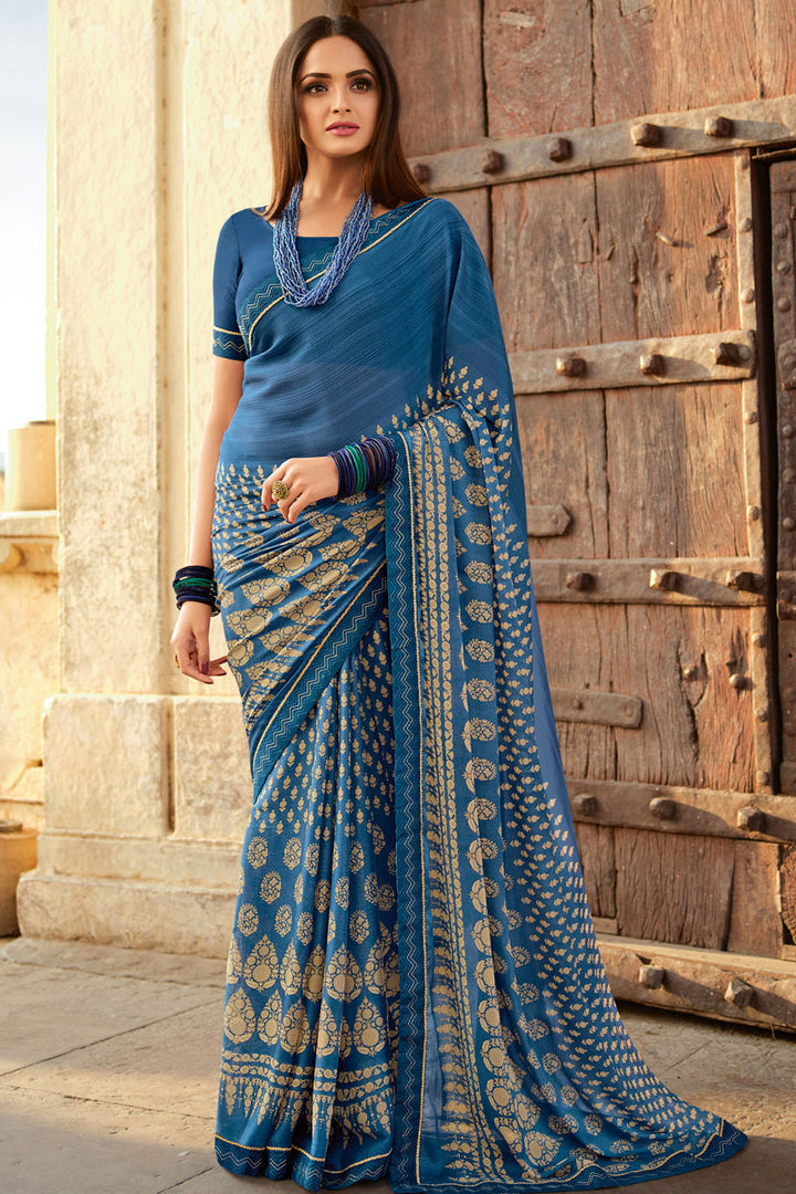Asmita Sood Blue Color Engrossing Saree In Georgette Fabric