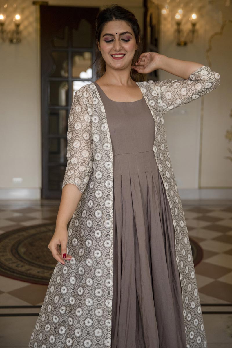 Designer Party Style Fancy Fabric Dark Beige Color Embroidered Readymade Gown