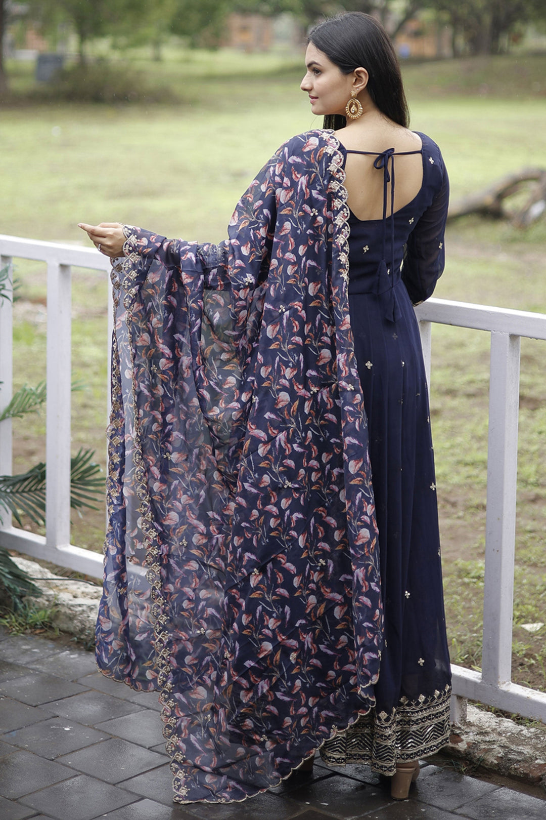 Georgette Fabric Soft Navy Blue Color Readymade Long Anarkali Style Gown With Dupatta